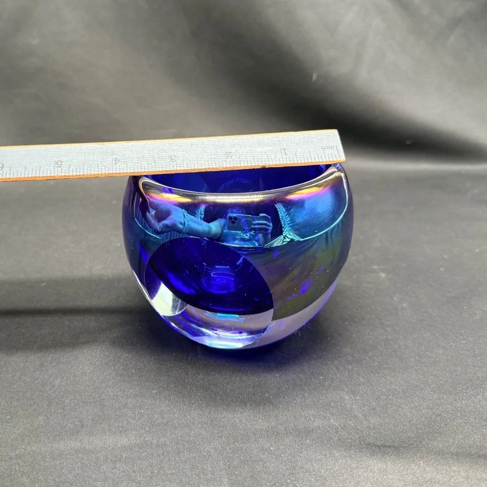 Cobalt Blue Iridescent Art Glass Votive Holder Carnival Glass 3.5in